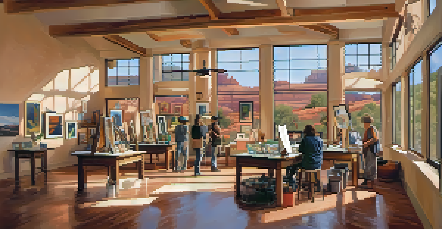 An interior view of the Sedona Arts Center with artists working on pottery and paintings in a well-lit space.