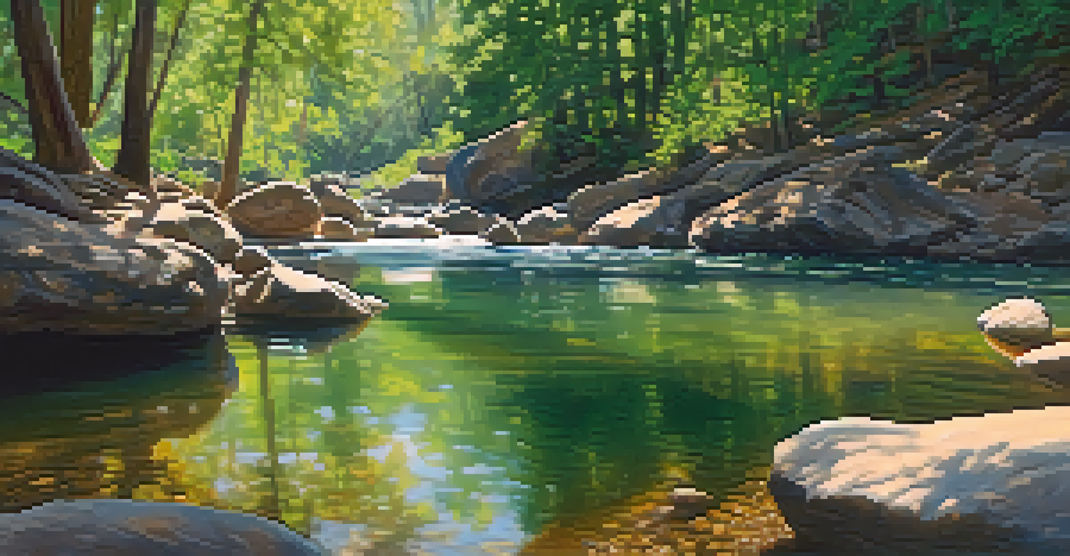 A tranquil view of Oak Creek Springs with a person relaxing by the water, surrounded by greenery.