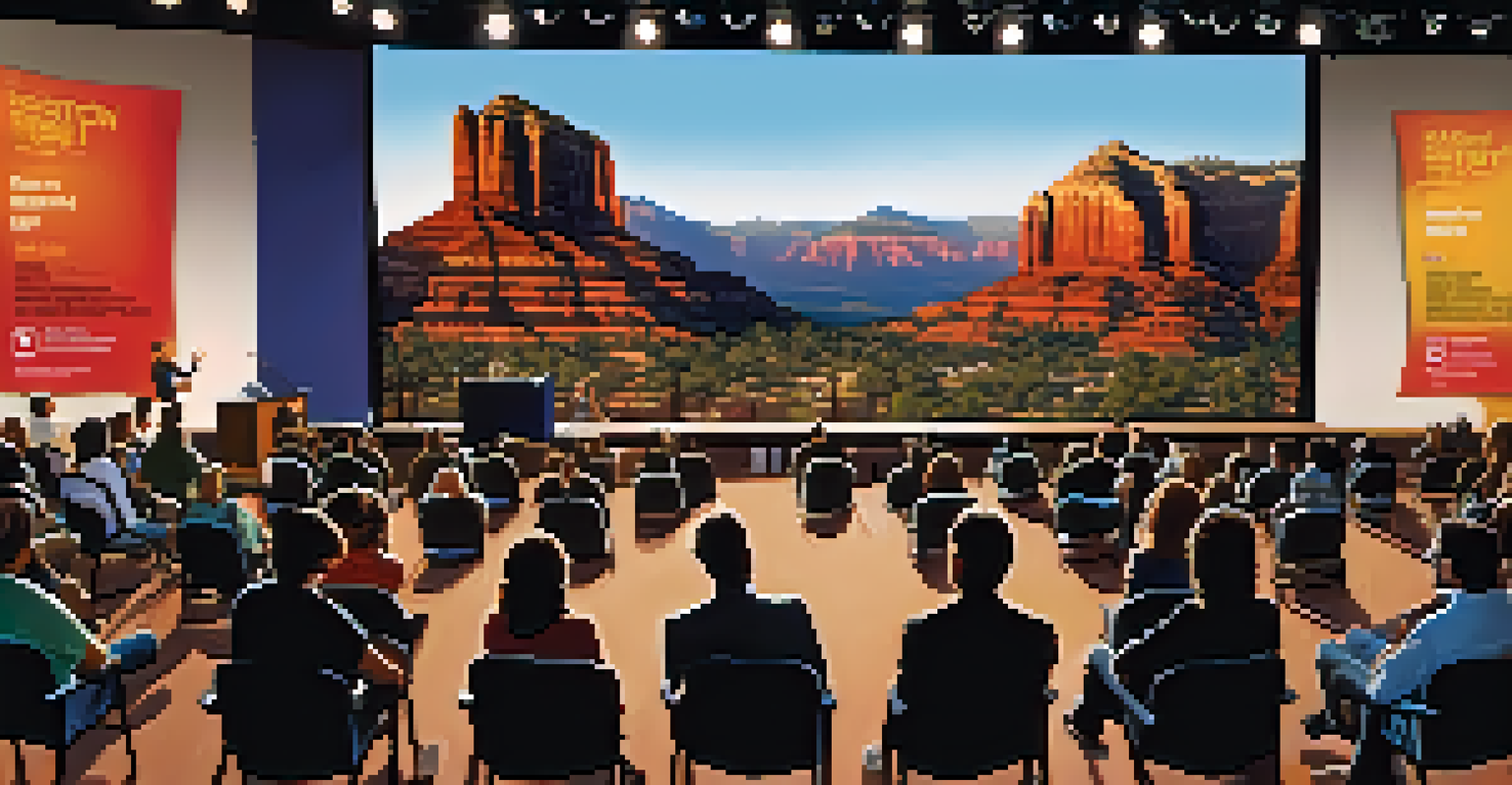A filmmaker speaking at a panel discussion during the Sedona International Film Festival, with an engaged audience in front.