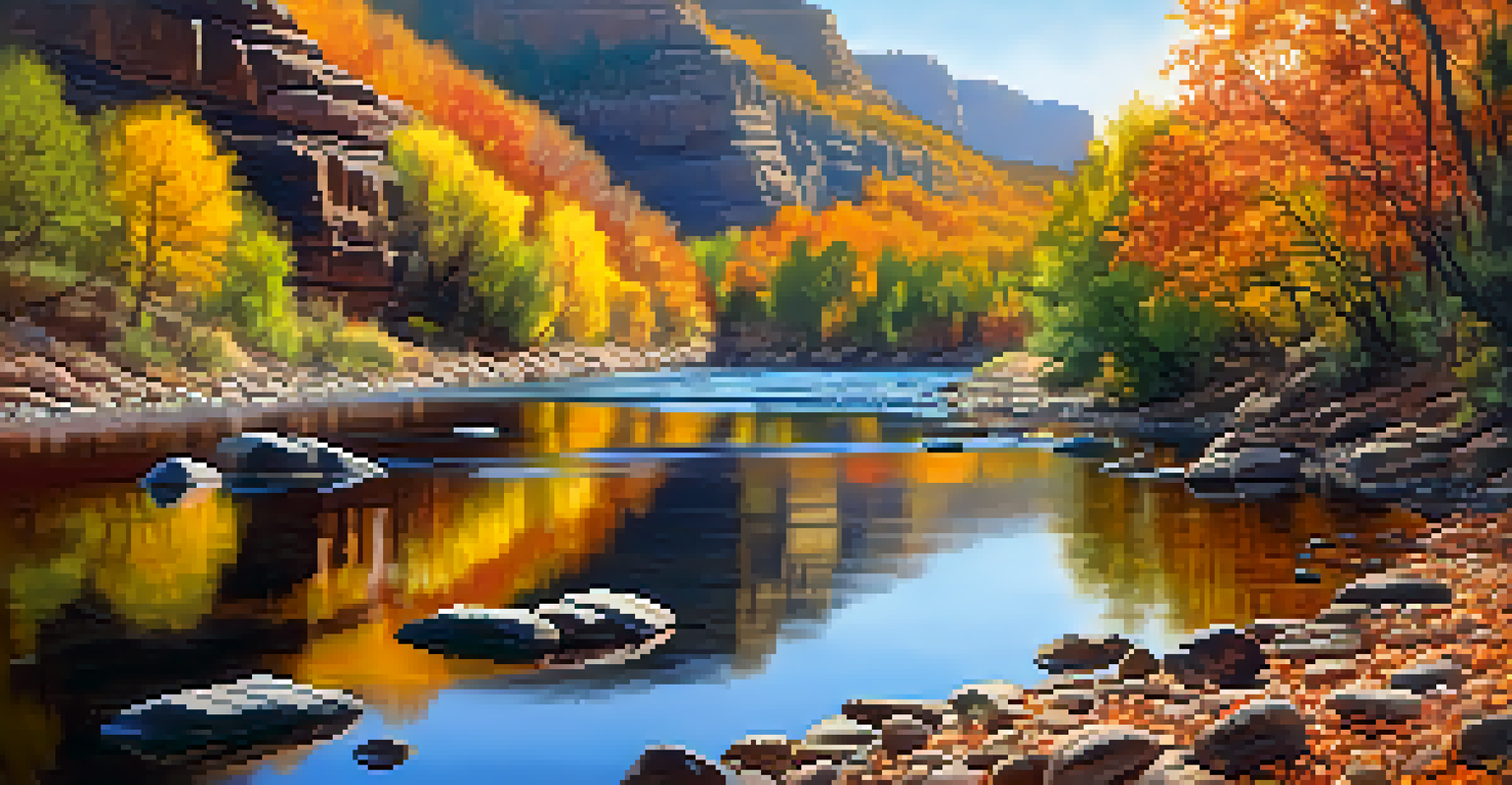 Autumn scene at Oak Creek Canyon with colorful foliage reflecting in the water and sunlight filtering through trees.