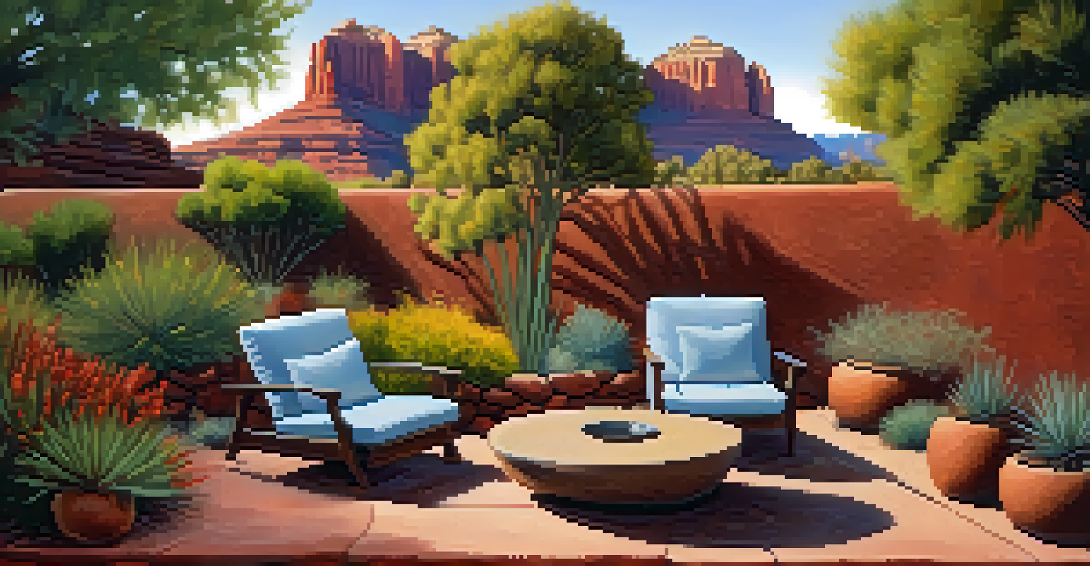 A peaceful seating area in a xeriscape garden, framed by native plants and red rock formations during sunset.