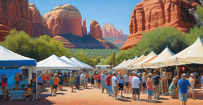 An outdoor art festival in Sedona featuring colorful tents, local artists, and vibrant interactions among attendees against a backdrop of red rock formations.