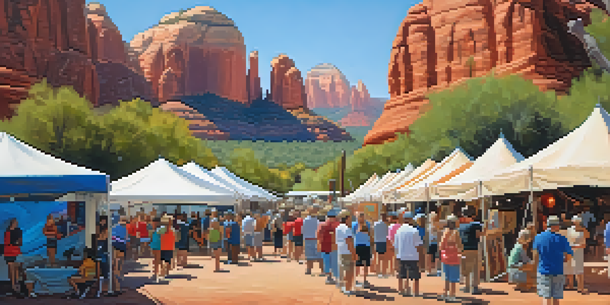 An outdoor art festival in Sedona featuring colorful tents, local artists, and vibrant interactions among attendees against a backdrop of red rock formations.