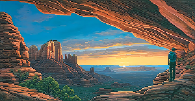 A silhouette of a hiker watching a sunset over Sedona's red rock formations, with vivid colors in the sky.