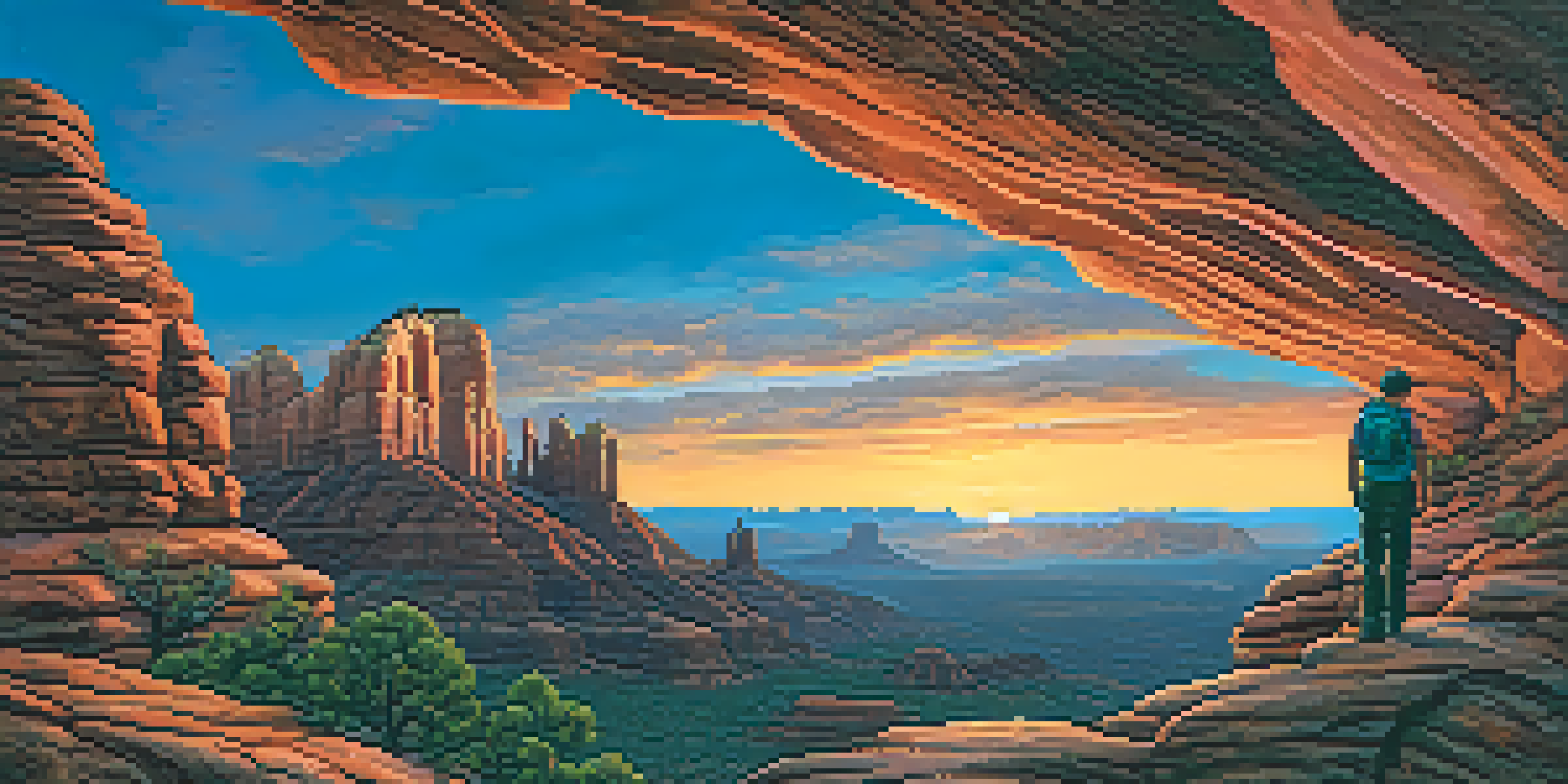 A silhouette of a hiker watching a sunset over Sedona's red rock formations, with vivid colors in the sky.