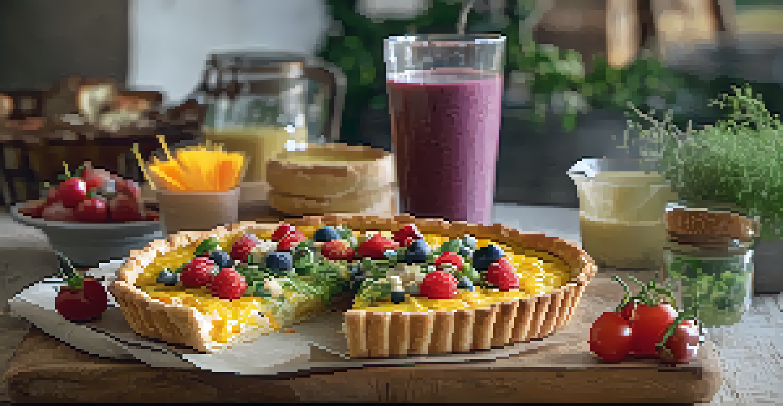 A freshly made Savory Breakfast Tart with seasonal vegetables and cheese, placed on a rustic table with artisan bread in the background.