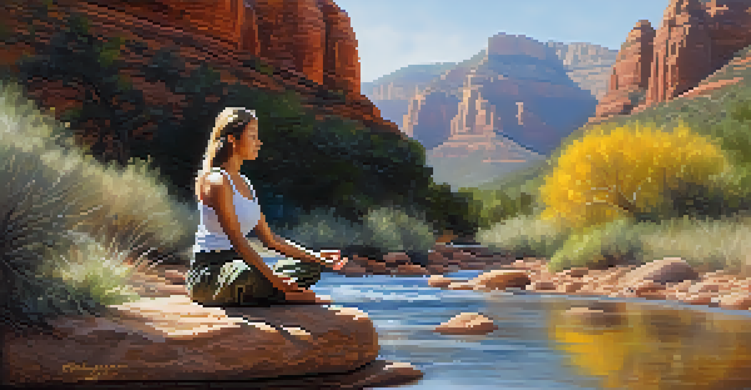 A person meditating on a smooth stone by a peaceful stream in Sedona, surrounded by vibrant wildflowers and sunlight sparkling on the water.
