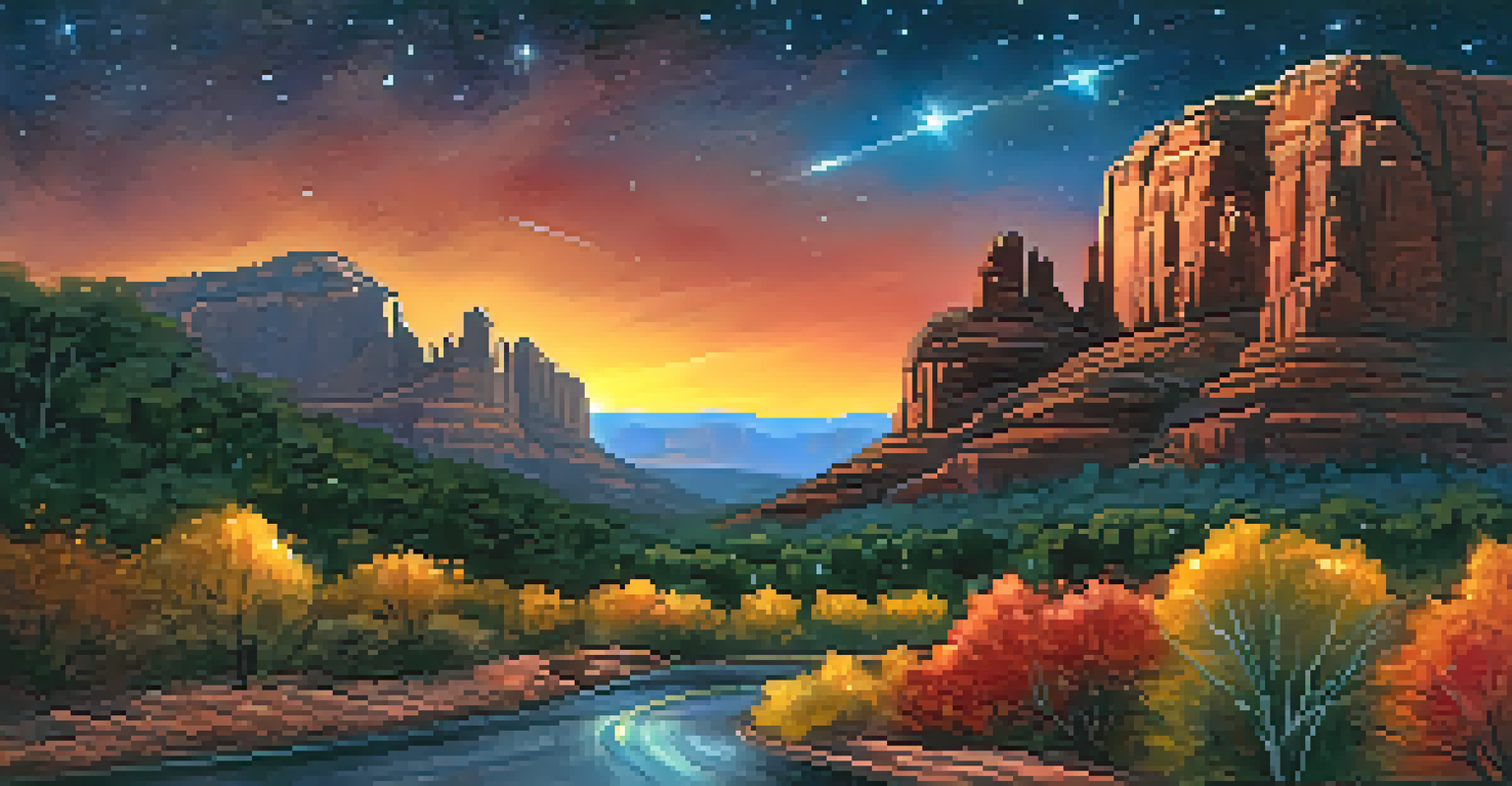 An autumn night in Sedona with fall foliage and a starry sky featuring shooting stars.