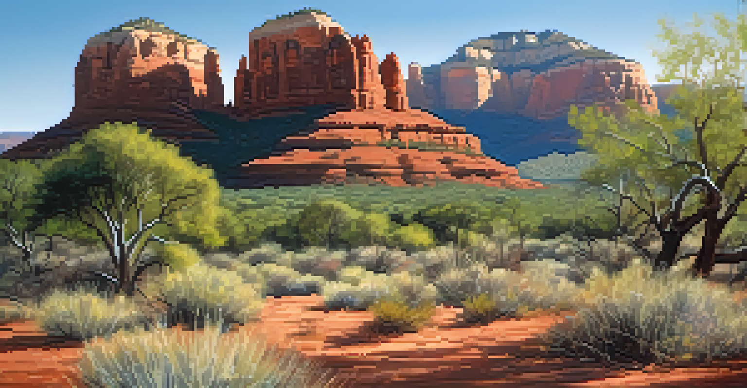 A peaceful protected area in Sedona with native plants and red rock cliffs in the background.