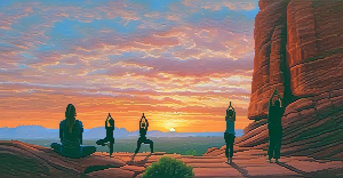 A group of people practicing yoga at sunrise in Sedona, with red rock formations and a colorful sky.