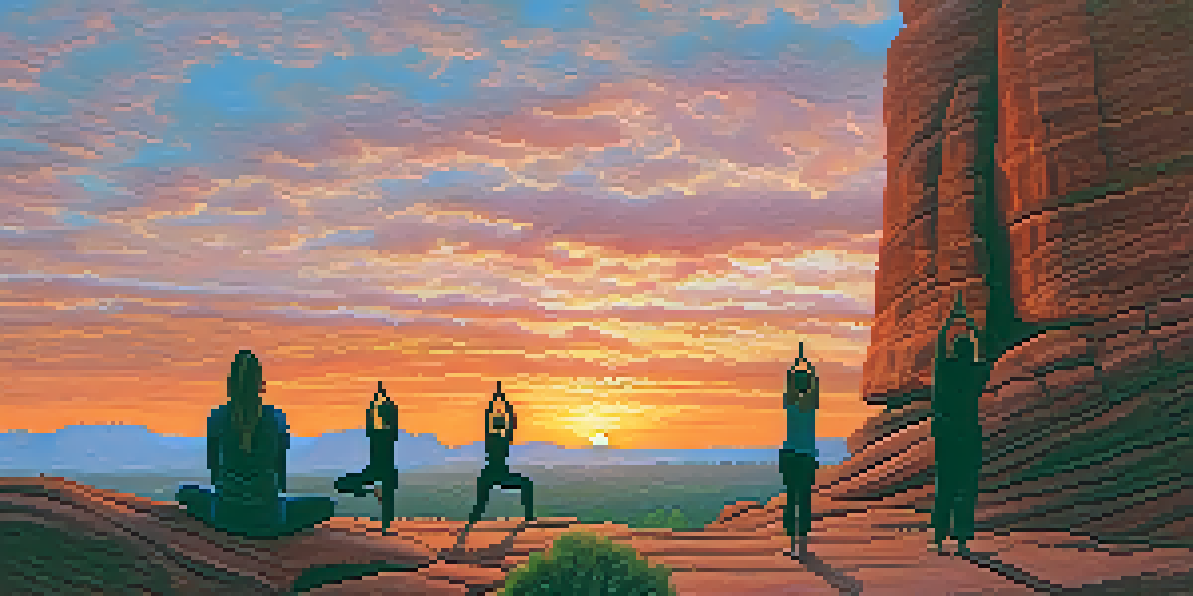A group of people practicing yoga at sunrise in Sedona, with red rock formations and a colorful sky.