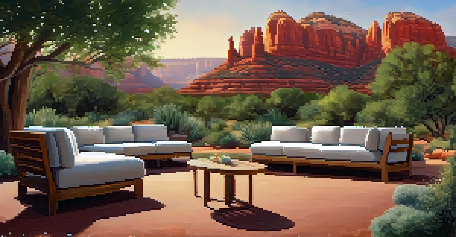 A quiet sensory-friendly space at an event in Sedona, with comfortable seating and calming decorations, surrounded by nature.