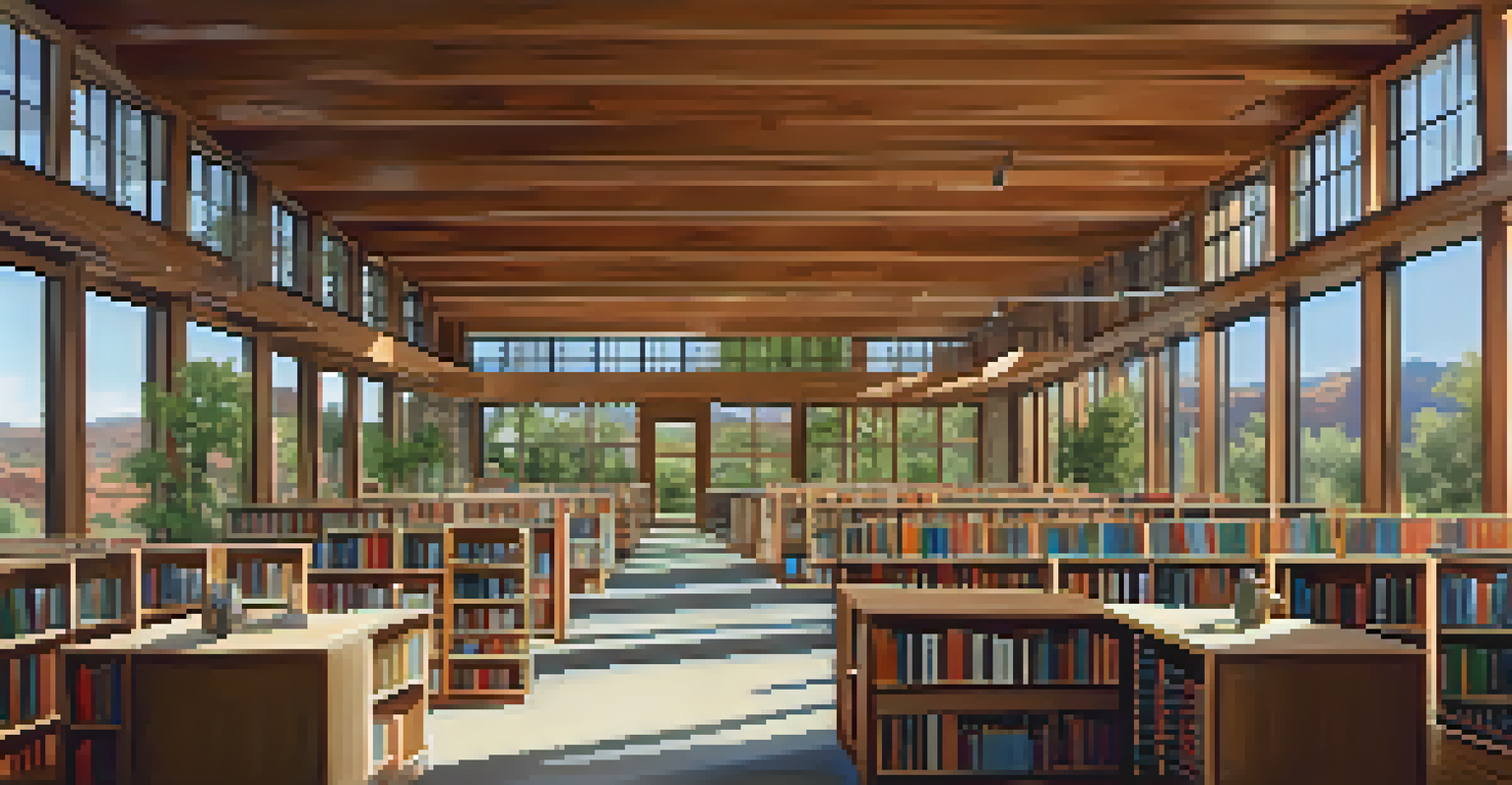 The interior of a community library in Sedona, featuring large windows, wooden beams, and stone walls, with areas for reading that overlook the natural landscape.