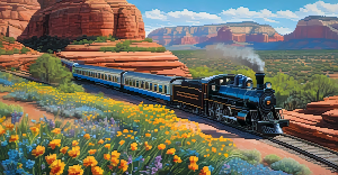 A vintage steam train traveling through Sedona's red rock formations, surrounded by wildflowers under a clear blue sky.