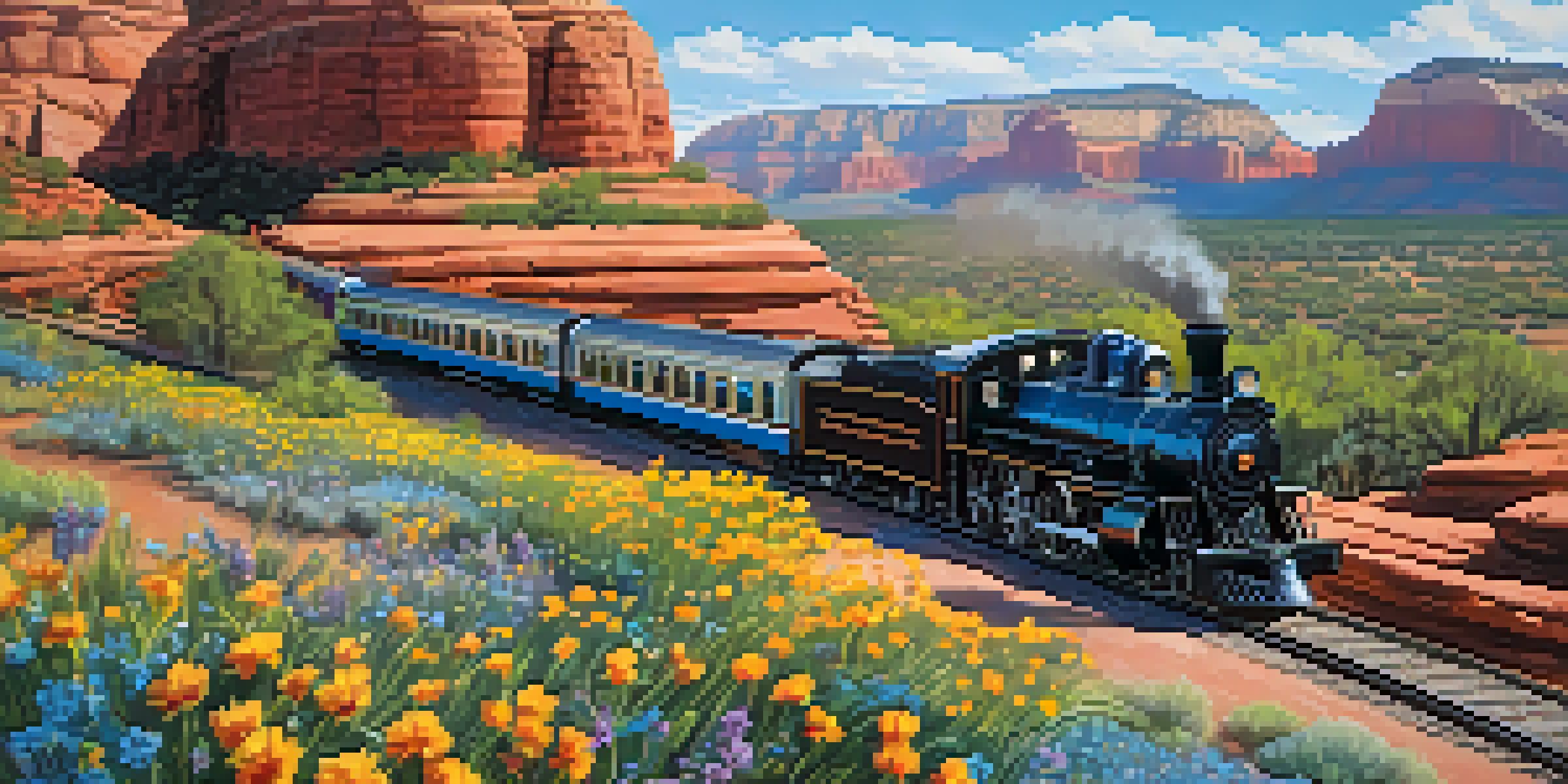 A vintage steam train traveling through Sedona's red rock formations, surrounded by wildflowers under a clear blue sky.