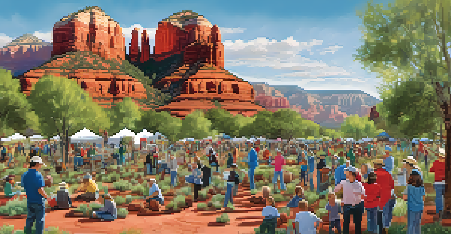 Residents of Sedona participating in a tree-planting event with red rock formations in the background.