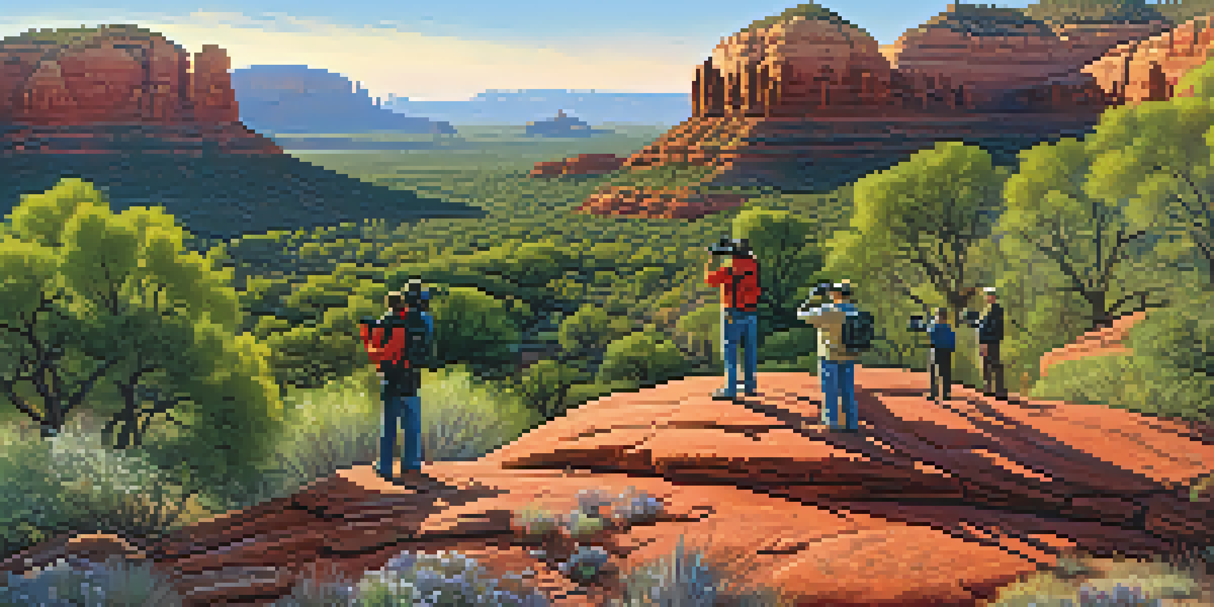 A scenic view of Sedona's red rocks at sunrise, with birdwatchers observing songbirds.
