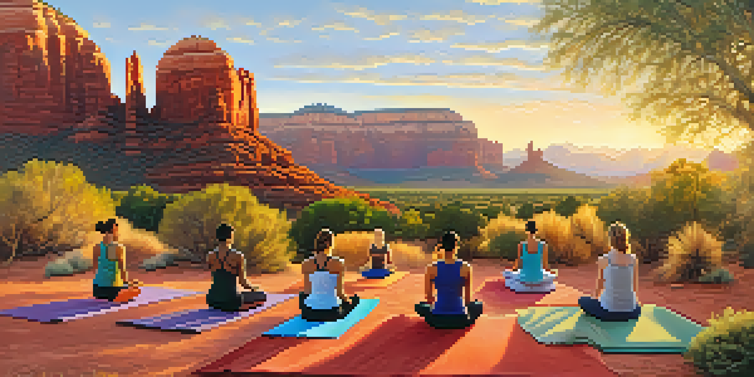 A group of people practicing yoga outdoors at sunrise in front of red rock formations in Sedona.