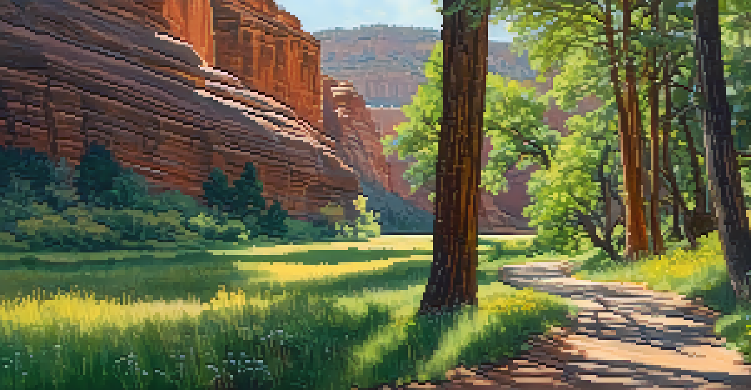 A tranquil view of Oak Creek Canyon Drive with tall trees, wildflowers, and red rock cliffs in the background, featuring a winding road and a picnic area.