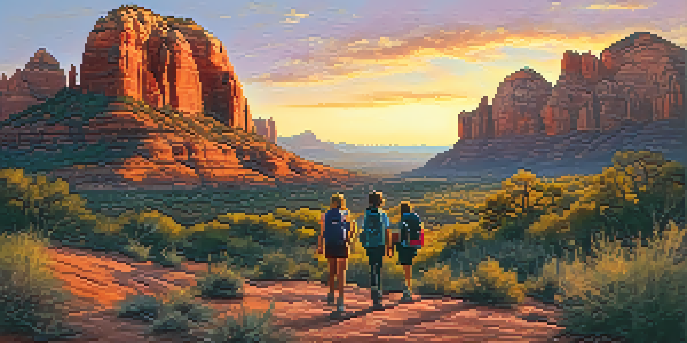 Children hiking up a trail in Sedona, Arizona, with stunning red rock formations at sunset.
