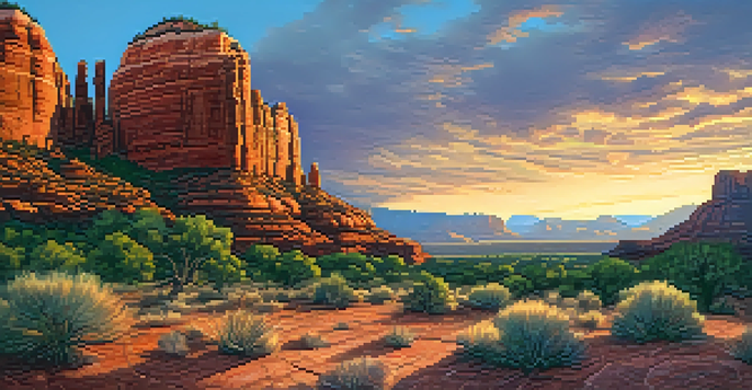 A scenic sunset view of Sedona's red rock formations with petroglyphs in the foreground, illuminated by golden light.