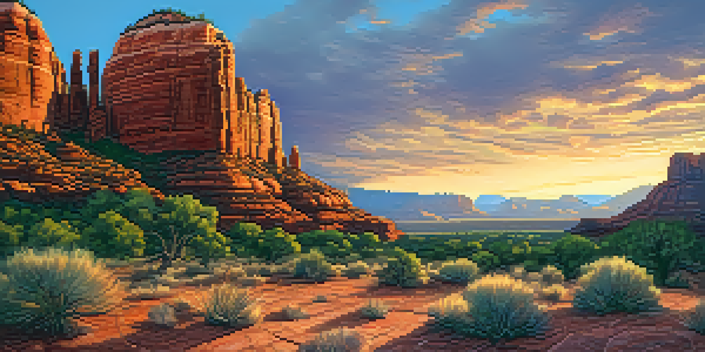A scenic sunset view of Sedona's red rock formations with petroglyphs in the foreground, illuminated by golden light.