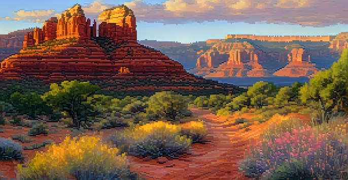 A panoramic view of red rock formations in Sedona during sunset, with hikers on a trail surrounded by wildflowers.