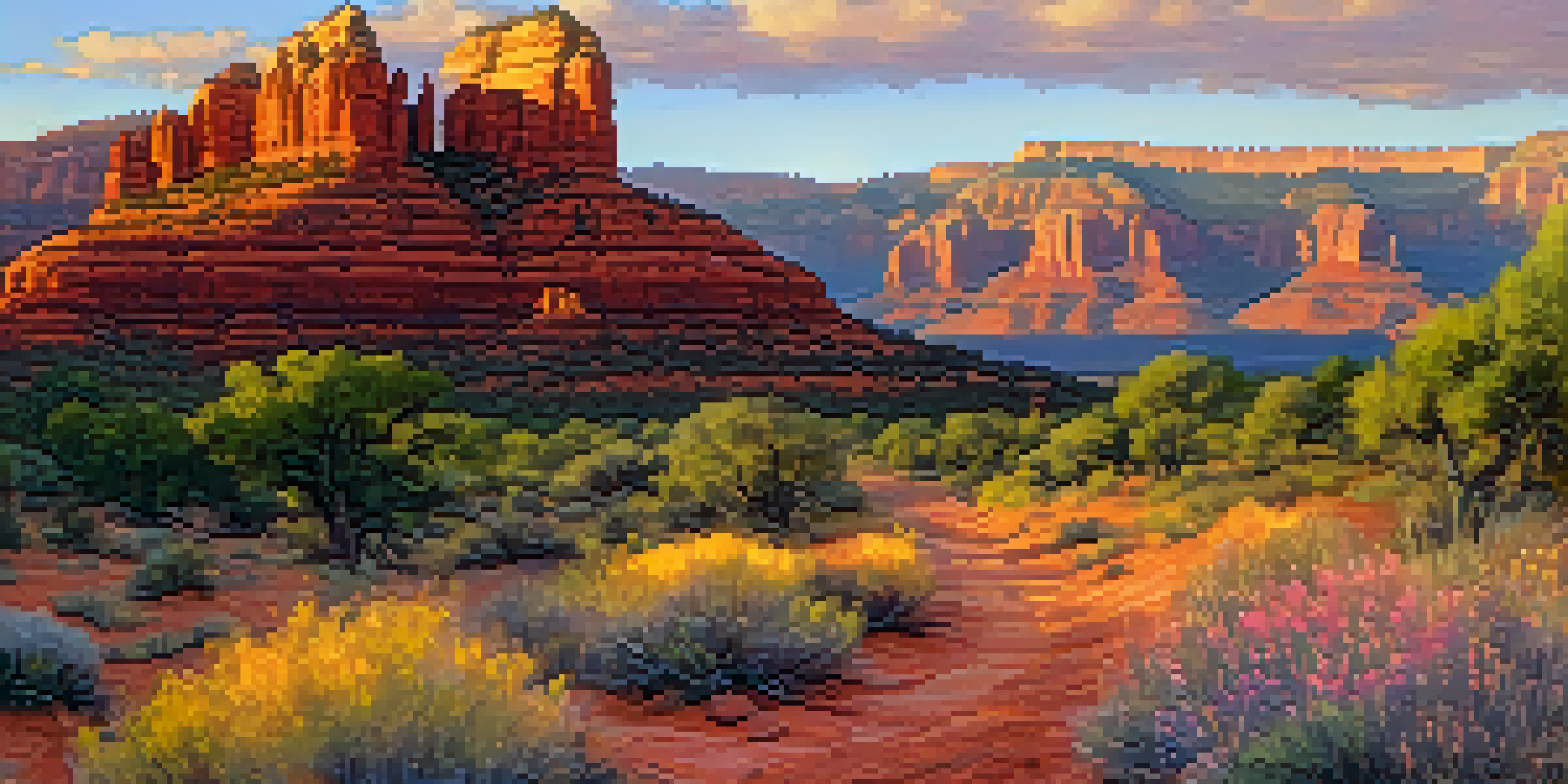 A panoramic view of red rock formations in Sedona during sunset, with hikers on a trail surrounded by wildflowers.