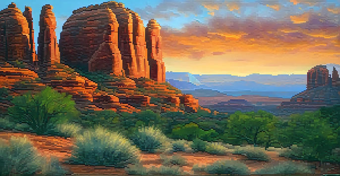 A sunset view of Sedona's red rock formations with an artist painting in a studio in the foreground.
