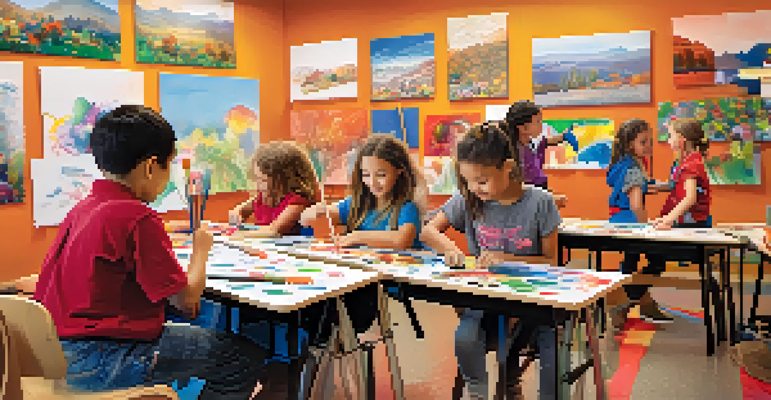 Children participating in an art class at a school in Sedona, surrounded by colorful art supplies and their own artwork on the walls.