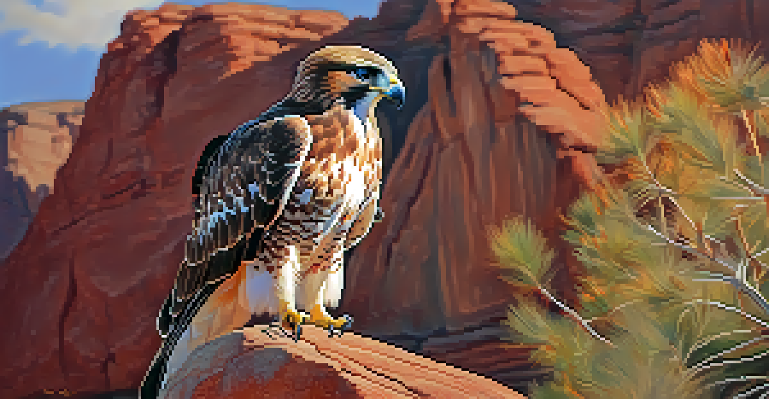 A red-tailed hawk perched on a rock in Red Rock State Park, with red rock formations and desert plants in the background.