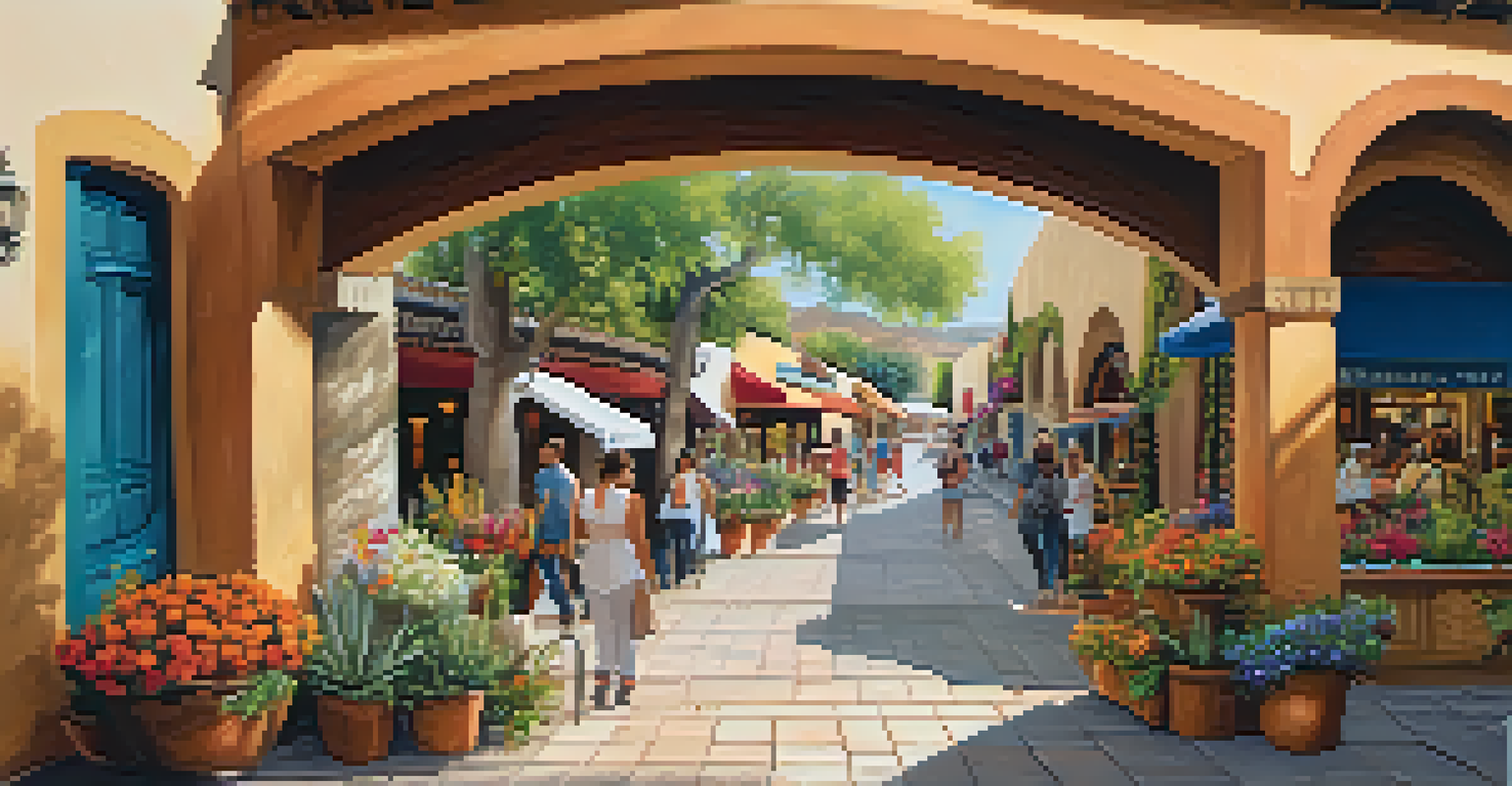 A picturesque scene at Tlaquepaque Arts & Shopping Village, highlighting wide pathways and visitors exploring shops and galleries surrounded by colorful flowers.