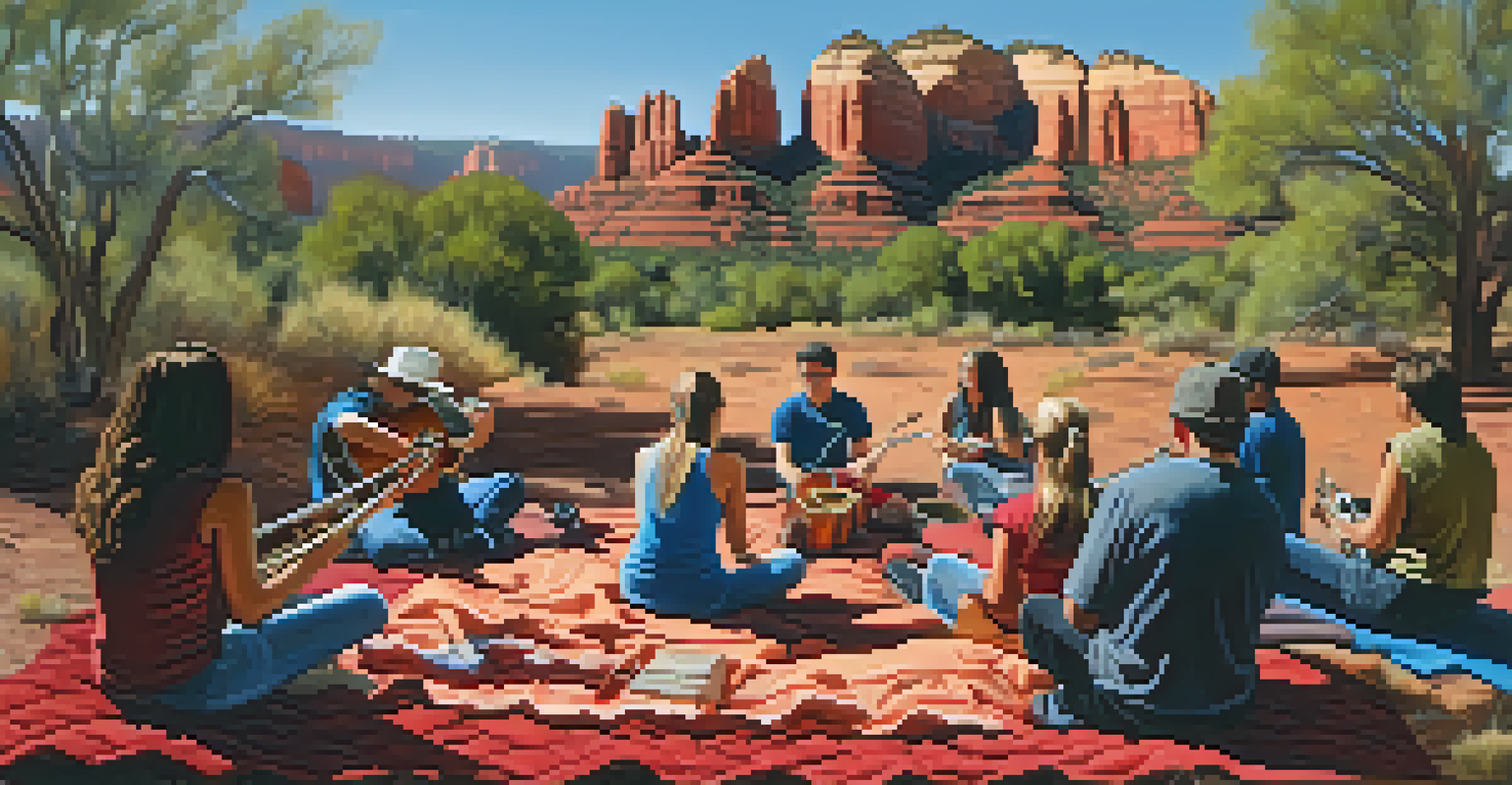 A music workshop in Sedona outdoors with aspiring musicians learning to play instruments against a backdrop of red rock formations.