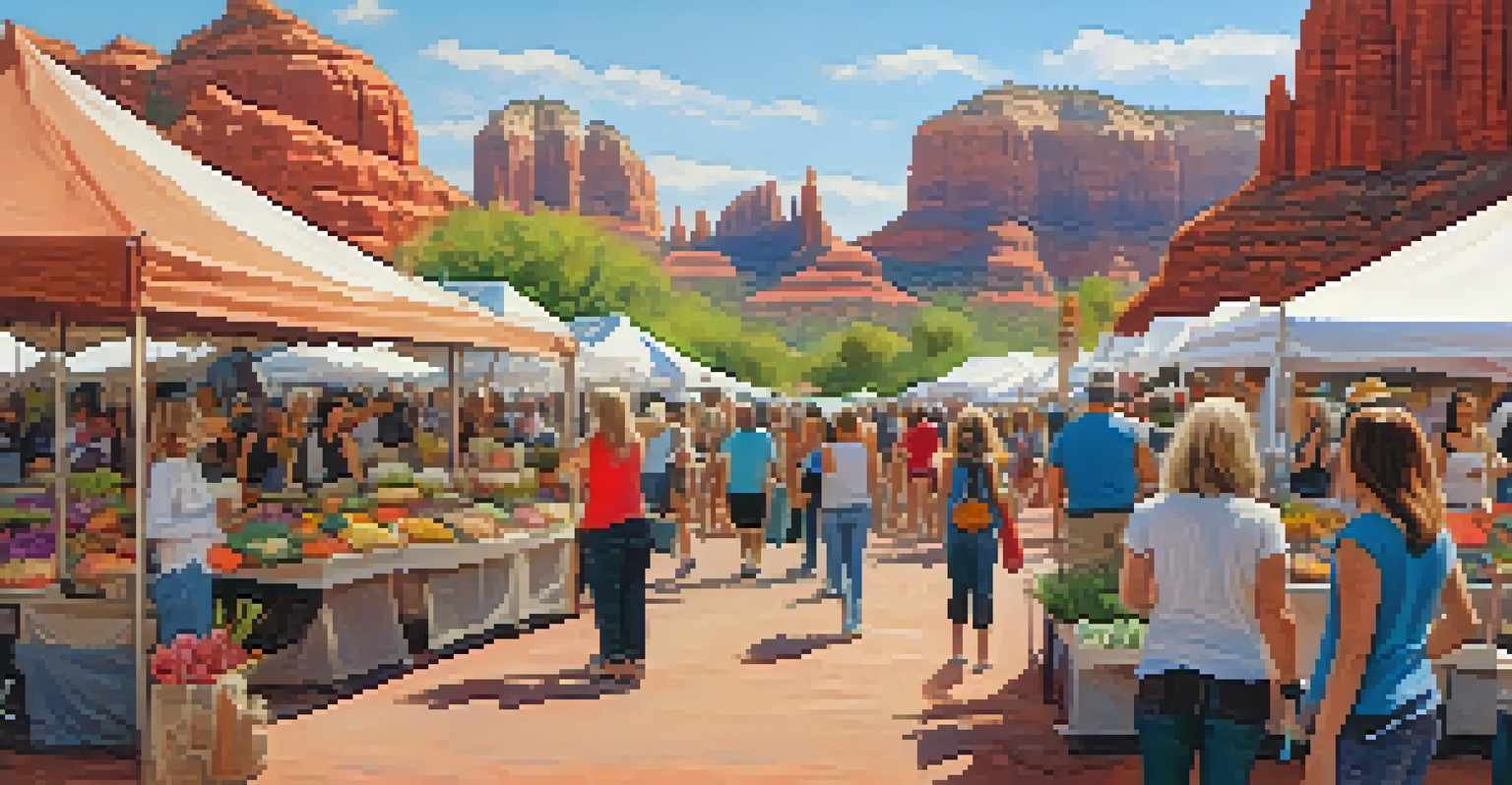 A lively festival scene at Sedona's Yoga Festival with colorful vendor booths and attendees exploring wellness activities.