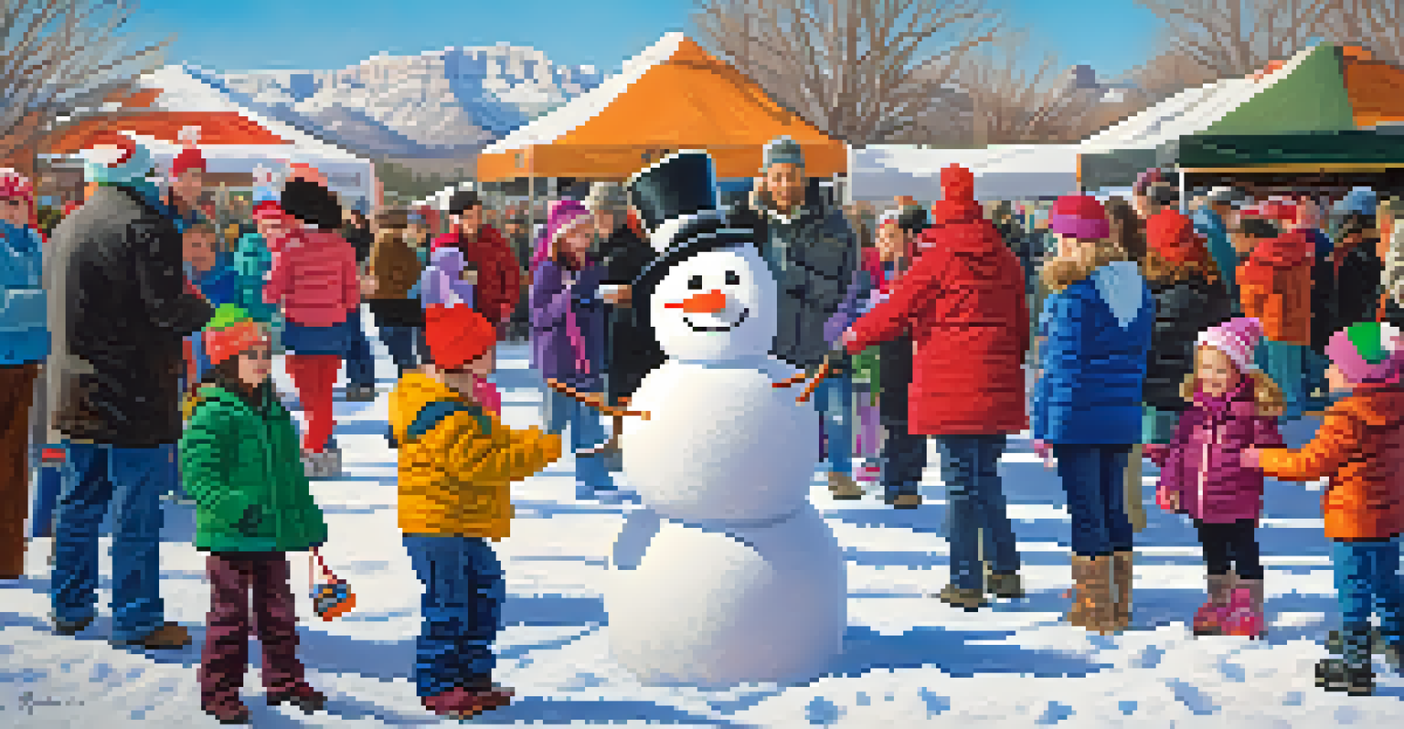 Children building a snowman at the Sedona Winter Wonderland Festival, with parents enjoying live music in the background.