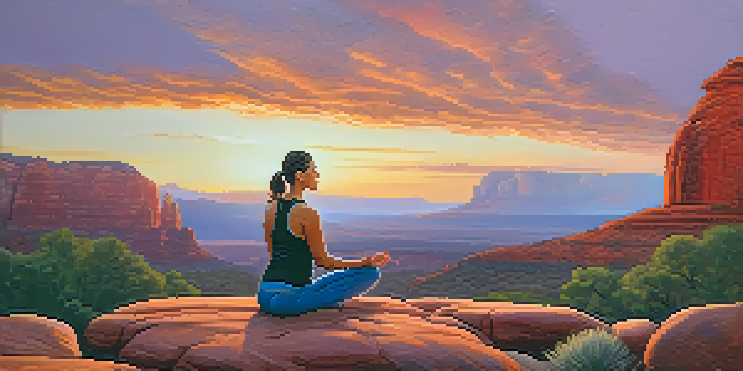 A person practicing yoga on a rocky outcrop in Sedona, surrounded by red rock formations under a colorful sunset sky.