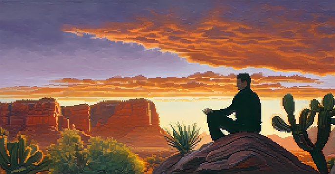 A silhouette of a person meditating at sunset with red rock formations in the background, surrounded by desert plants.
