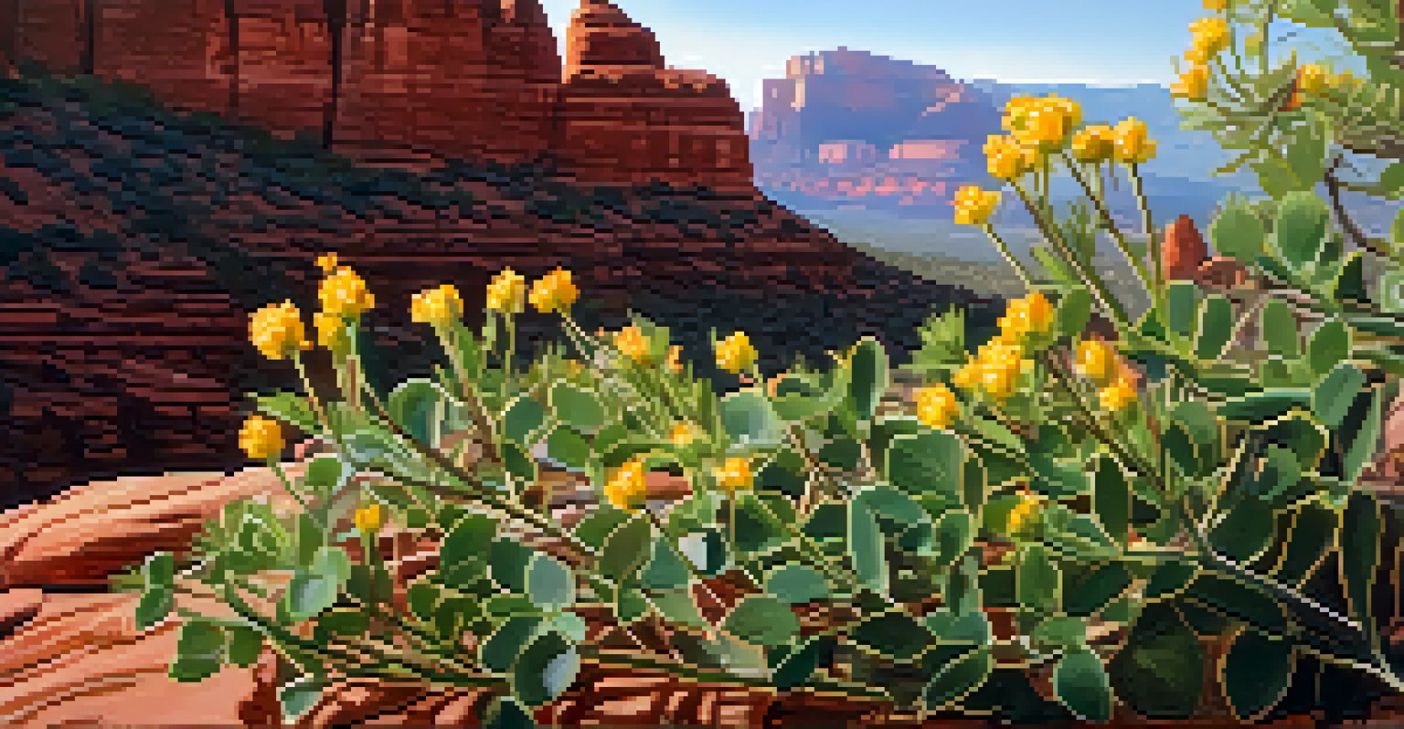 Close-up of a native plant in Sedona with red rock formations blurred in the background.