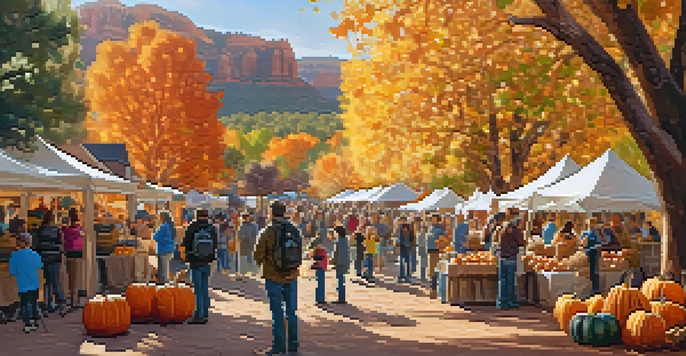 A lively autumn festival with families painting pumpkins and artisan vendors, surrounded by colorful fall leaves and live music.