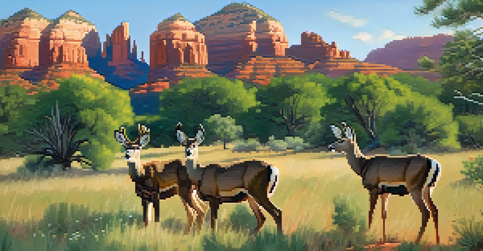 A peaceful early morning landscape in Sedona with mule deer grazing in a meadow amidst red rock formations and blooming wildflowers.