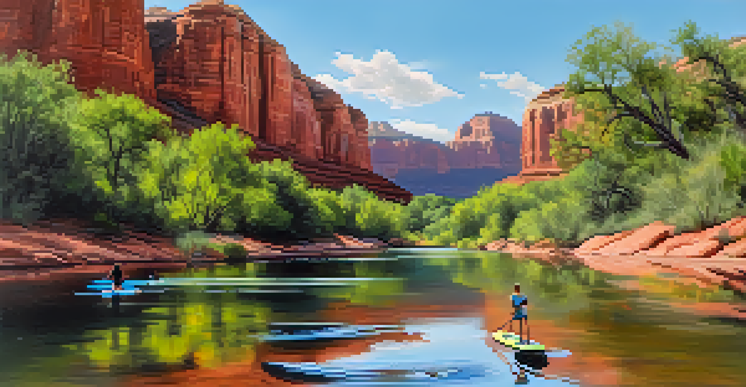 A paddleboarder on Oak Creek with reflections of red rock cliffs and greenery in the water.