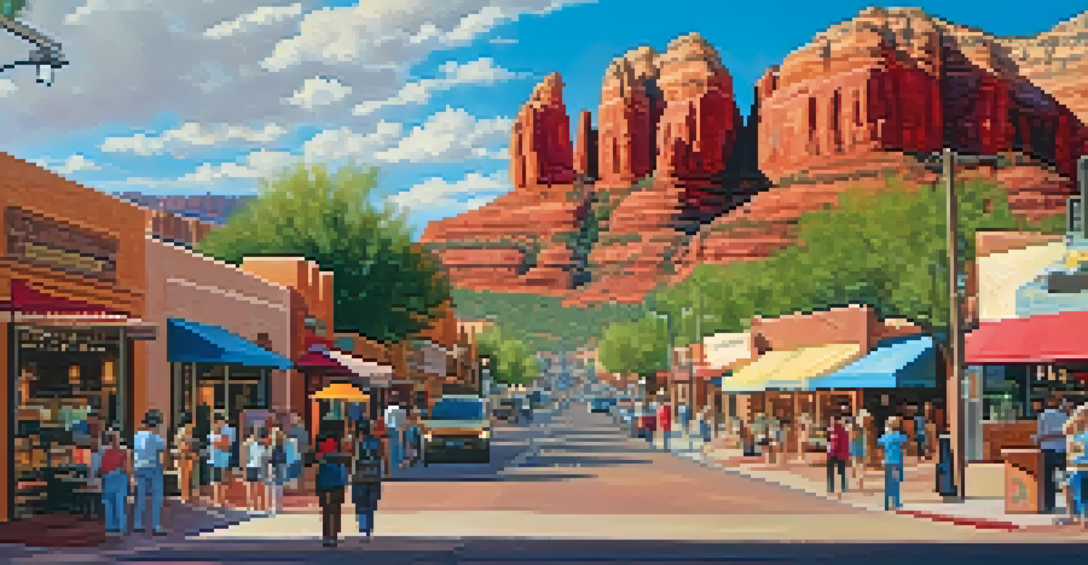 A lively street in Sedona showcasing colorful art galleries and visitors enjoying the atmosphere.