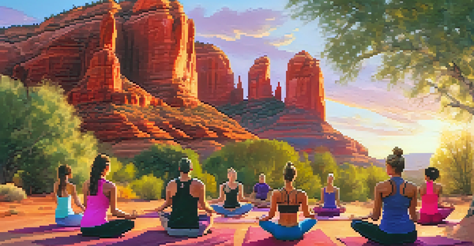 Participants practicing yoga at sunset in Sedona, surrounded by red rock formations and colorful skies.