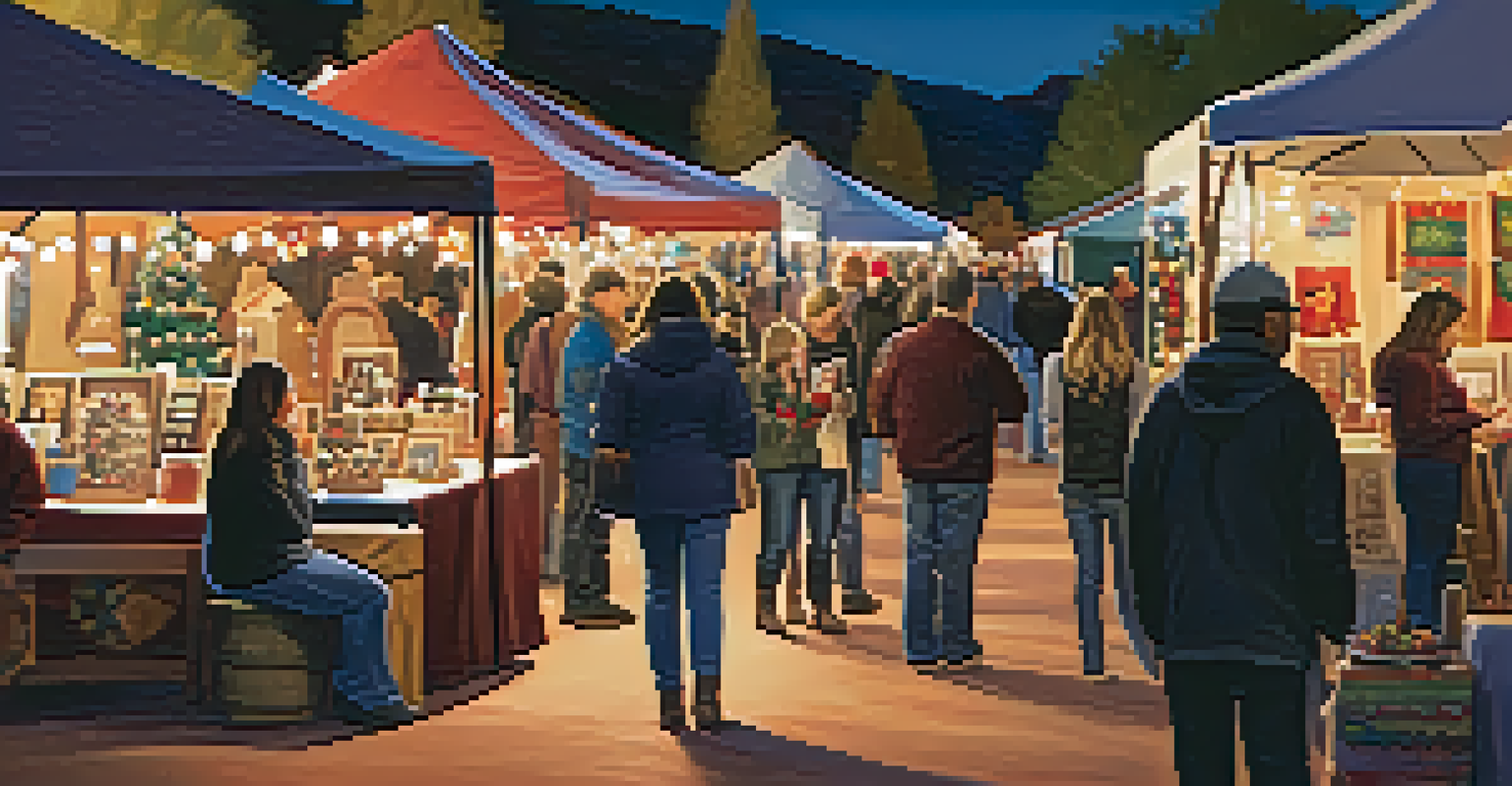 A lively holiday market in Sedona with vendors displaying handmade crafts and visitors exploring the stalls.