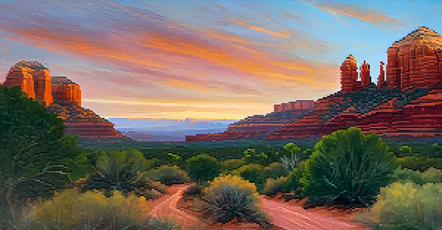 Silhouette of Cathedral Rock at sunset with vibrant sky colors and lush vegetation in the foreground.