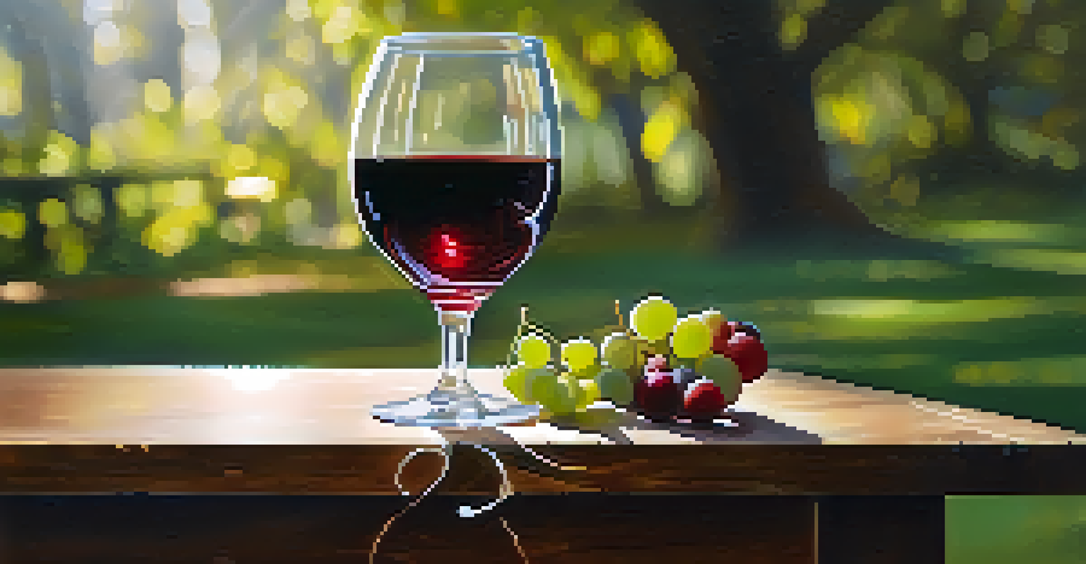 A close-up of a glass of red wine on a rustic table with food pairings and twinkling lights in the background.