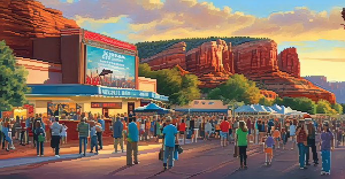 A bustling Sedona film festival scene with a crowd in front of a rustic theater at sunset, surrounded by red rock formations.