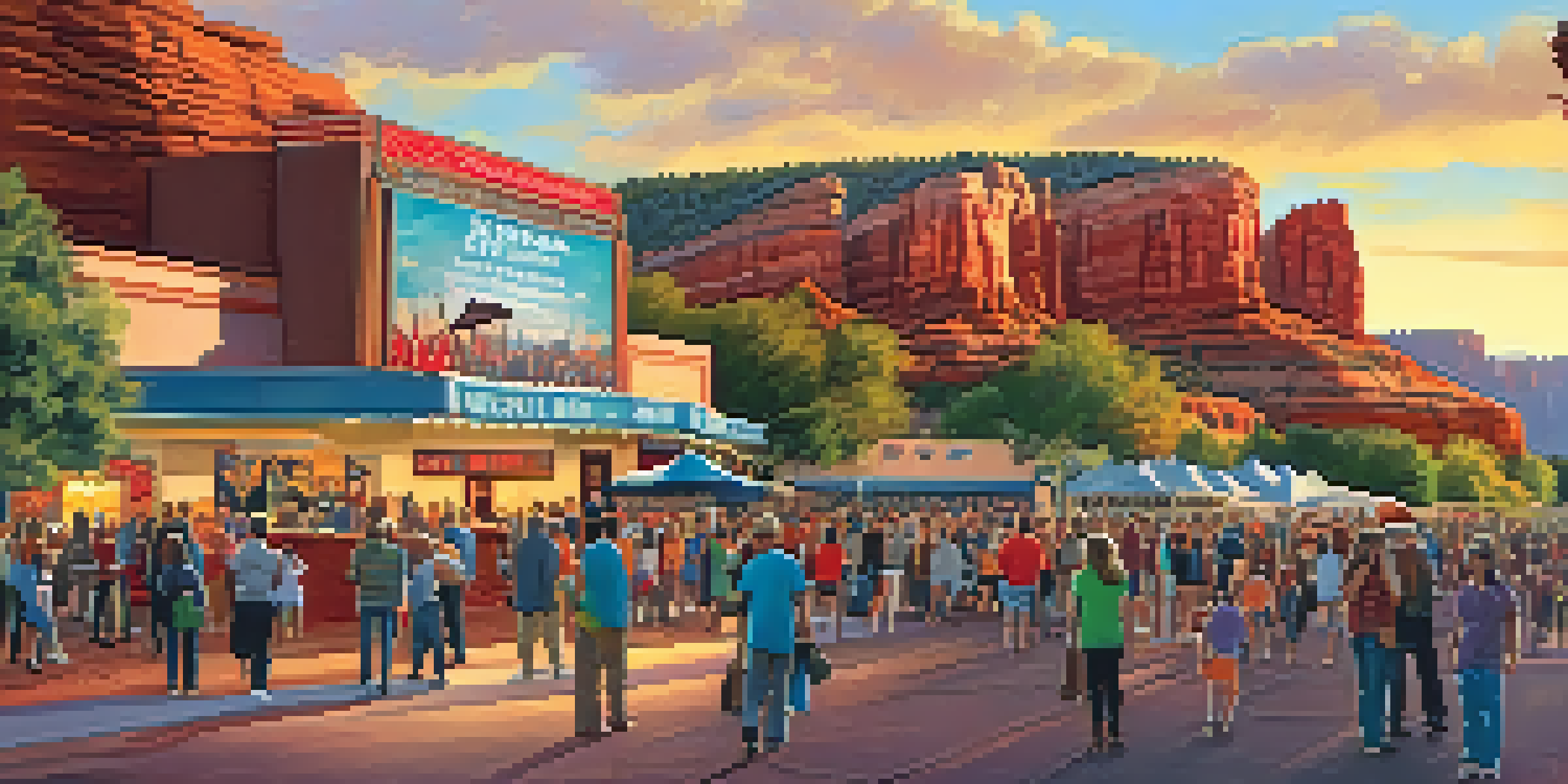 A bustling Sedona film festival scene with a crowd in front of a rustic theater at sunset, surrounded by red rock formations.