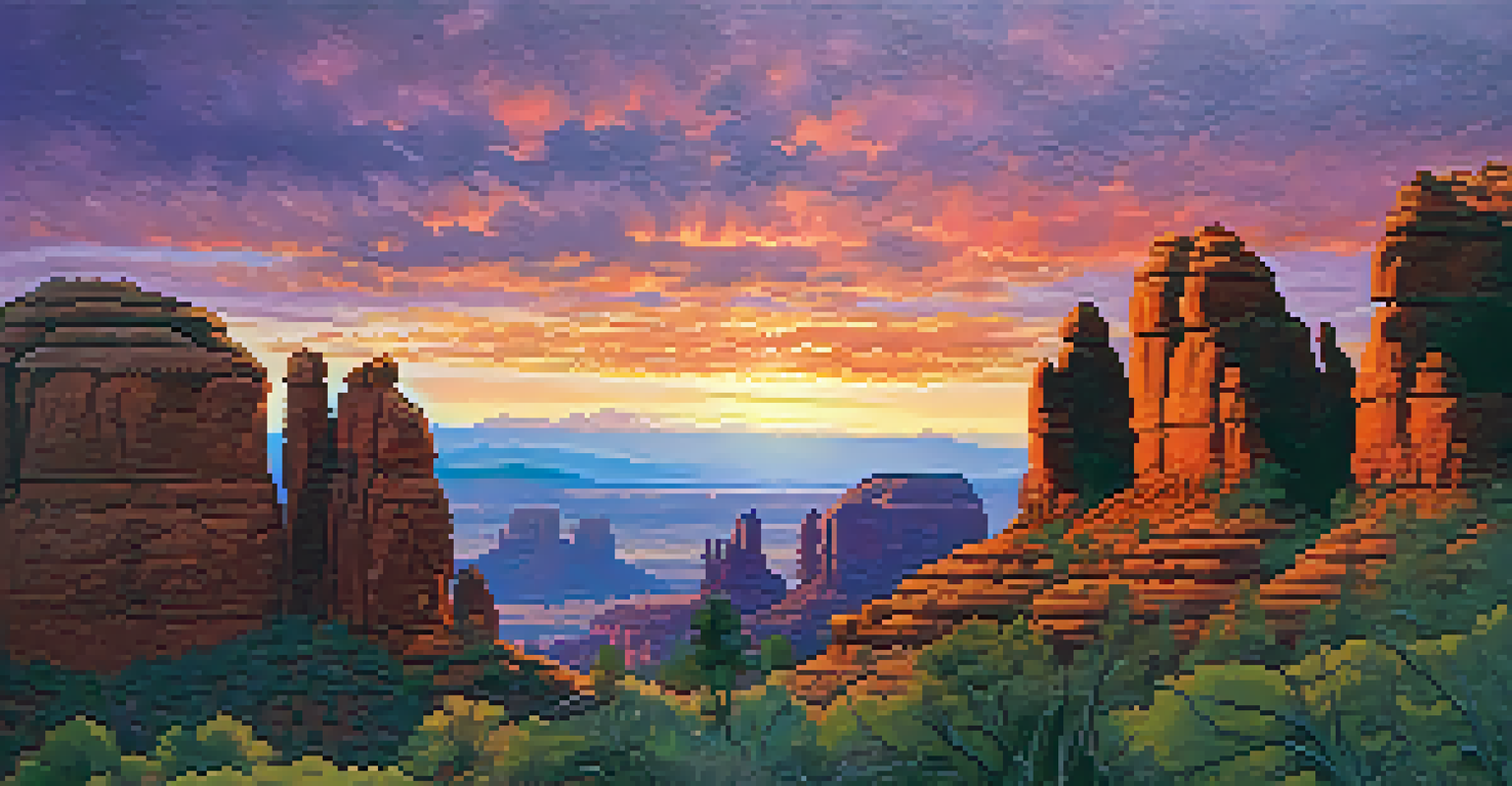 A stunning sunset over Sedona's red rocks with people meditating, emphasizing peace and beauty.