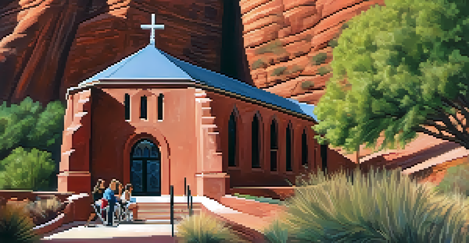 A close-up view of the Chapel of the Holy Cross with red rocks in the background, featuring an accessible pathway and visitors.